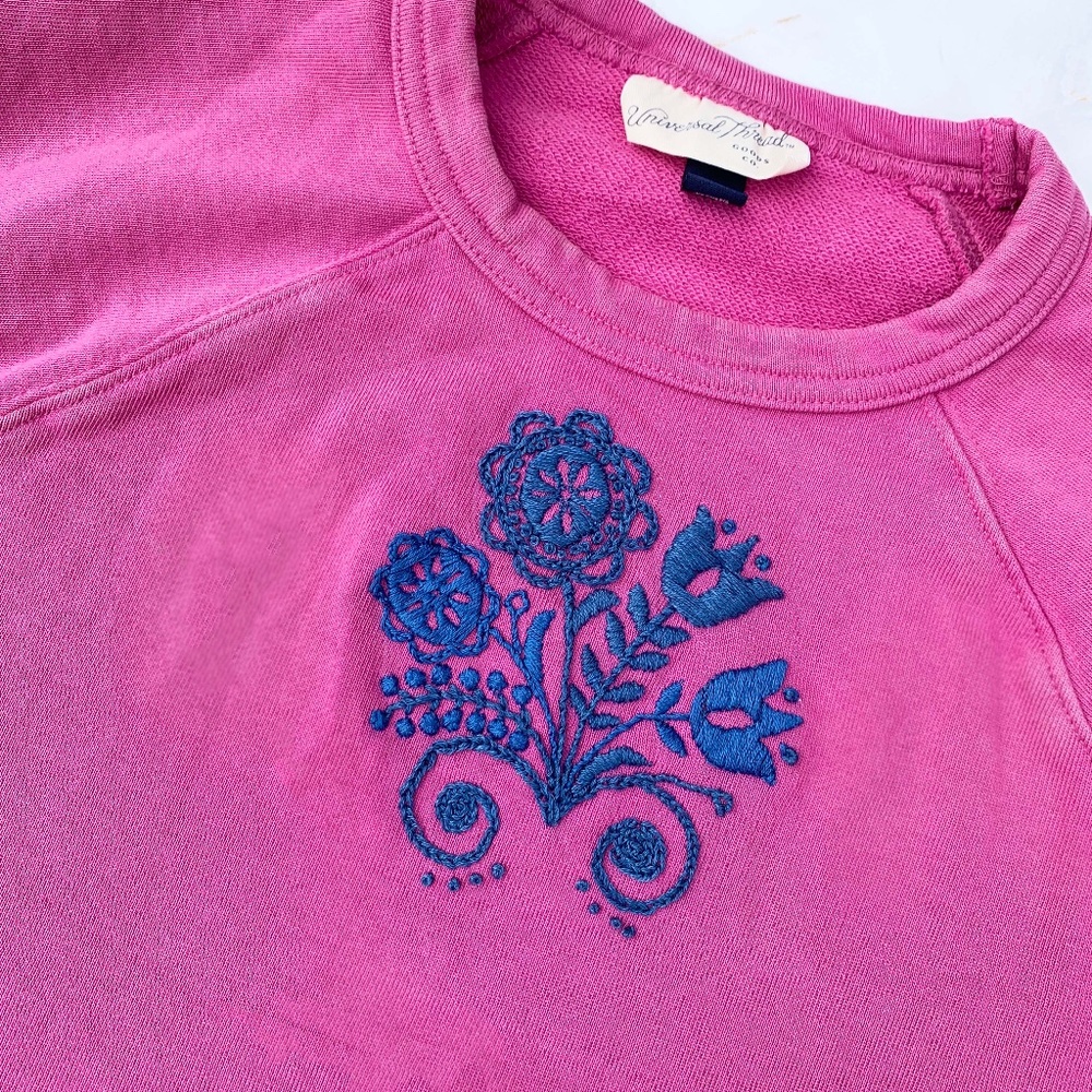 Hand Embroidered Women's Sweatshirt Orchid Pink Scandinavian Floral Size XS